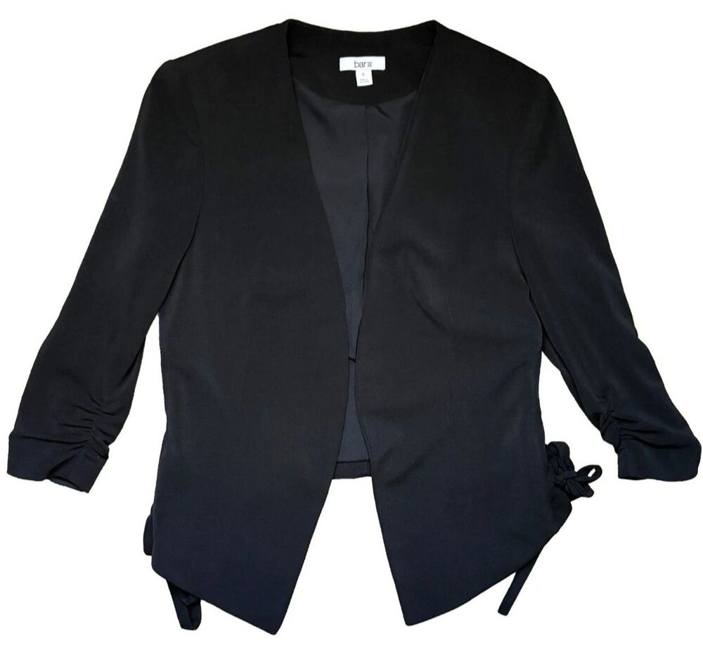 Bar III Cardigan Women Small Black Open Front Ruched Sleeves Sz S